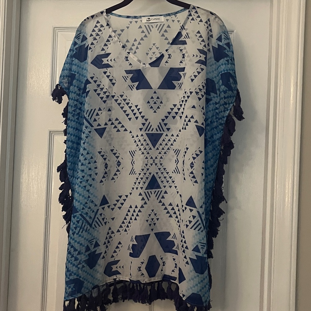 Cupshe White and Blue Geometric Tassel Swim Coverup - Picture 3 of 4